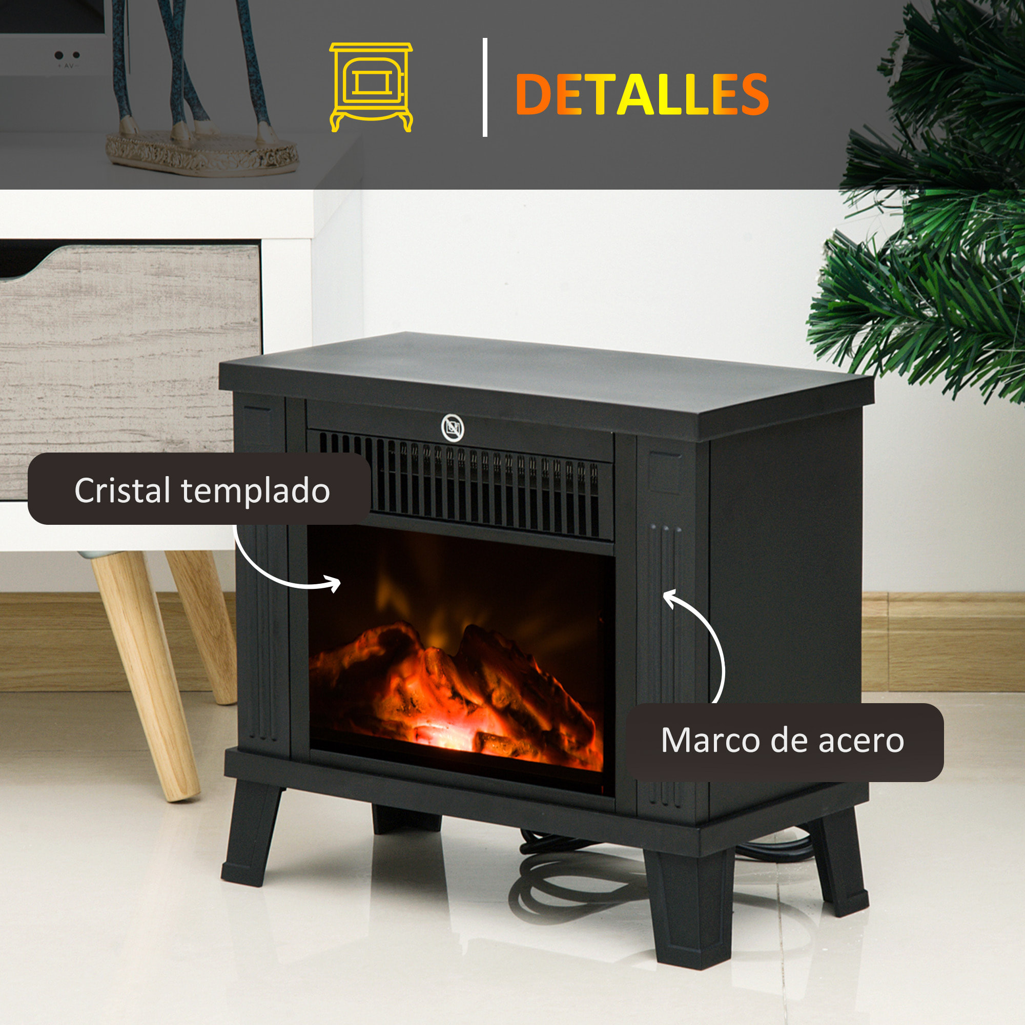 Chimenea Eléctrica tipo Estufa Calefactor de Leña 600W/1200W 38.5x22x30.5cm Negro