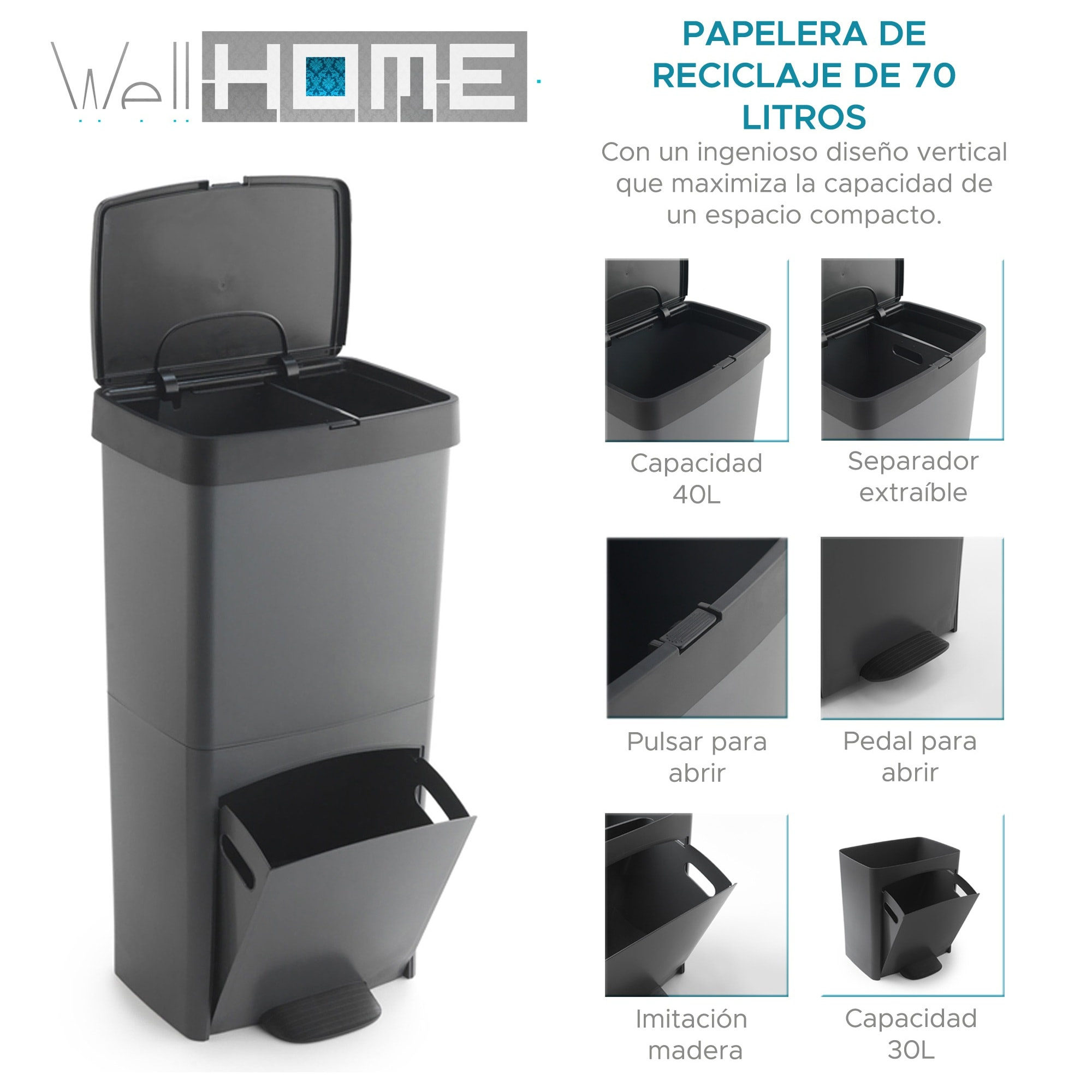 Cubo de basura 70l, vertical, 2 compartimentos, papelera residuos, 76 cm, fácil gestión
