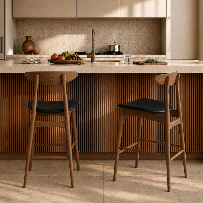 Lot de 2 chaises pour ilot central 63,5 cm en cuir synthétique noir  - Josette