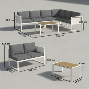 Conjunto de Muebles Jardín Exterior de 4 Piezas Sofá Exterior Seccional Forma de L con 3 Sofás de 2 Plazas Asiento de Textilene Mesa con Tablero Efecto Madera WPC Cojines Gris Claro y Blanco