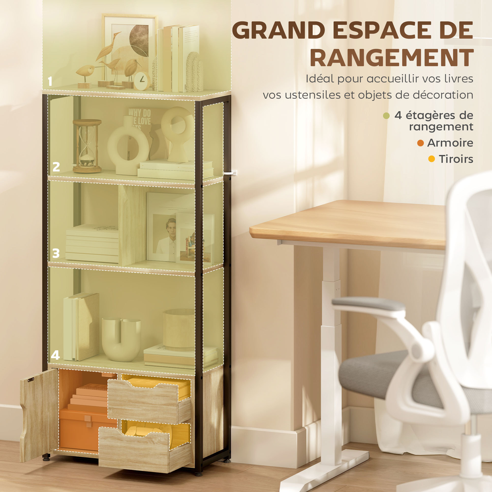 Bibliothèque style industriel 3 étagères placard porte 2 tiroirs panneaux particules aspect bois clair acier noir