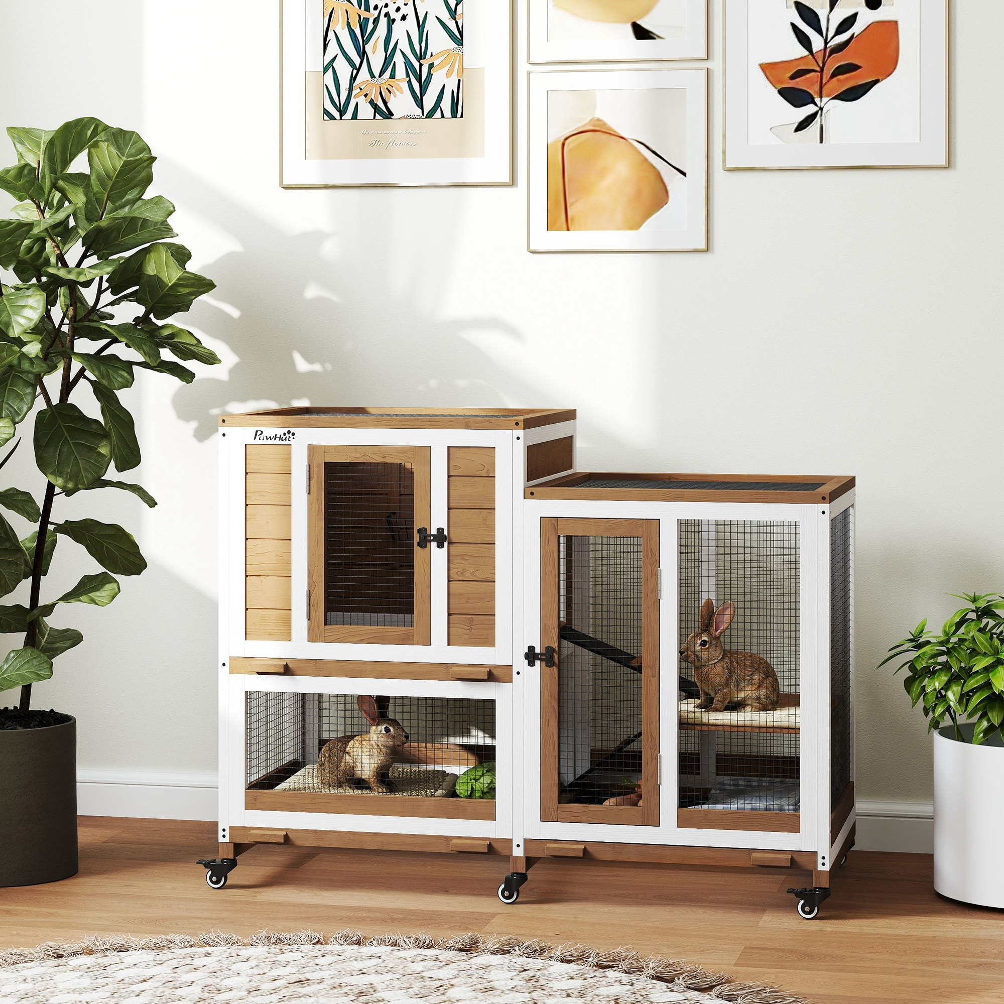 Conejera de Madera de 2 Niveles Jaula para Conejos con 6 Ruedas 2 Escaleras 3 Bandejas Extraíbles Puertas con Cerraduras y Zona Abierta Conejera para Interior 110x50x86 cm Marrón y Blanco