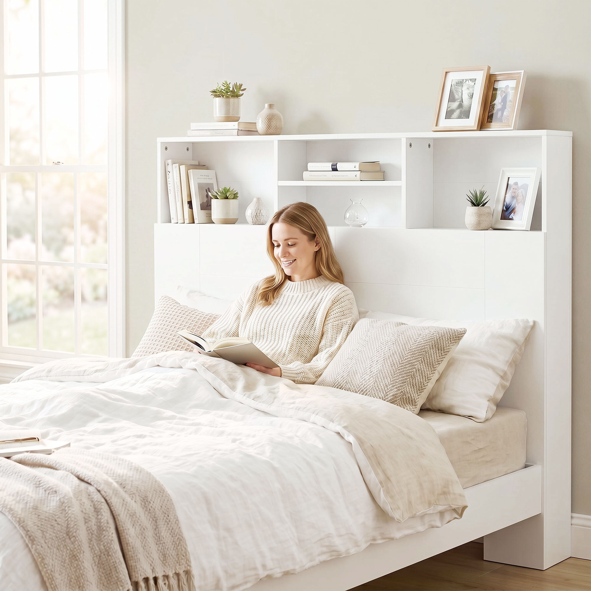 HOMCOM Cabecero de Cama 140 cm con Almacenaje, Cabezal de Cama con 4 Compartimentos Abiertos, Cabecero Moderno para Dormitorio, Blanco