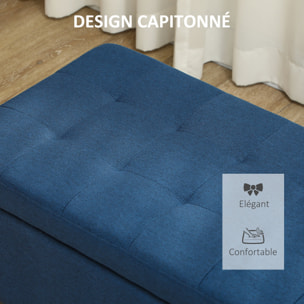 Banquette coffre style Chersterfield siège capitonné tissu pieds bois dim. 125 x 49 x 41 cm bleu