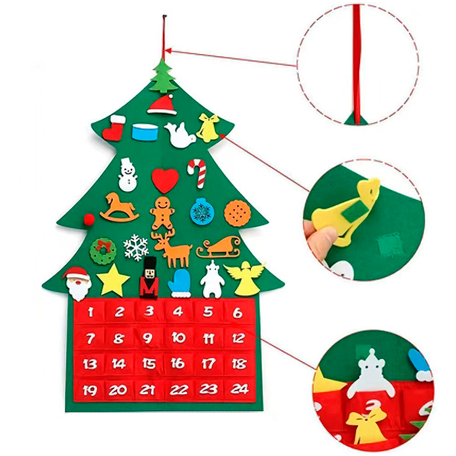 Calendario dell'avvento con design di albero di Natale in peluche con decorazioni appese. 92 cm.