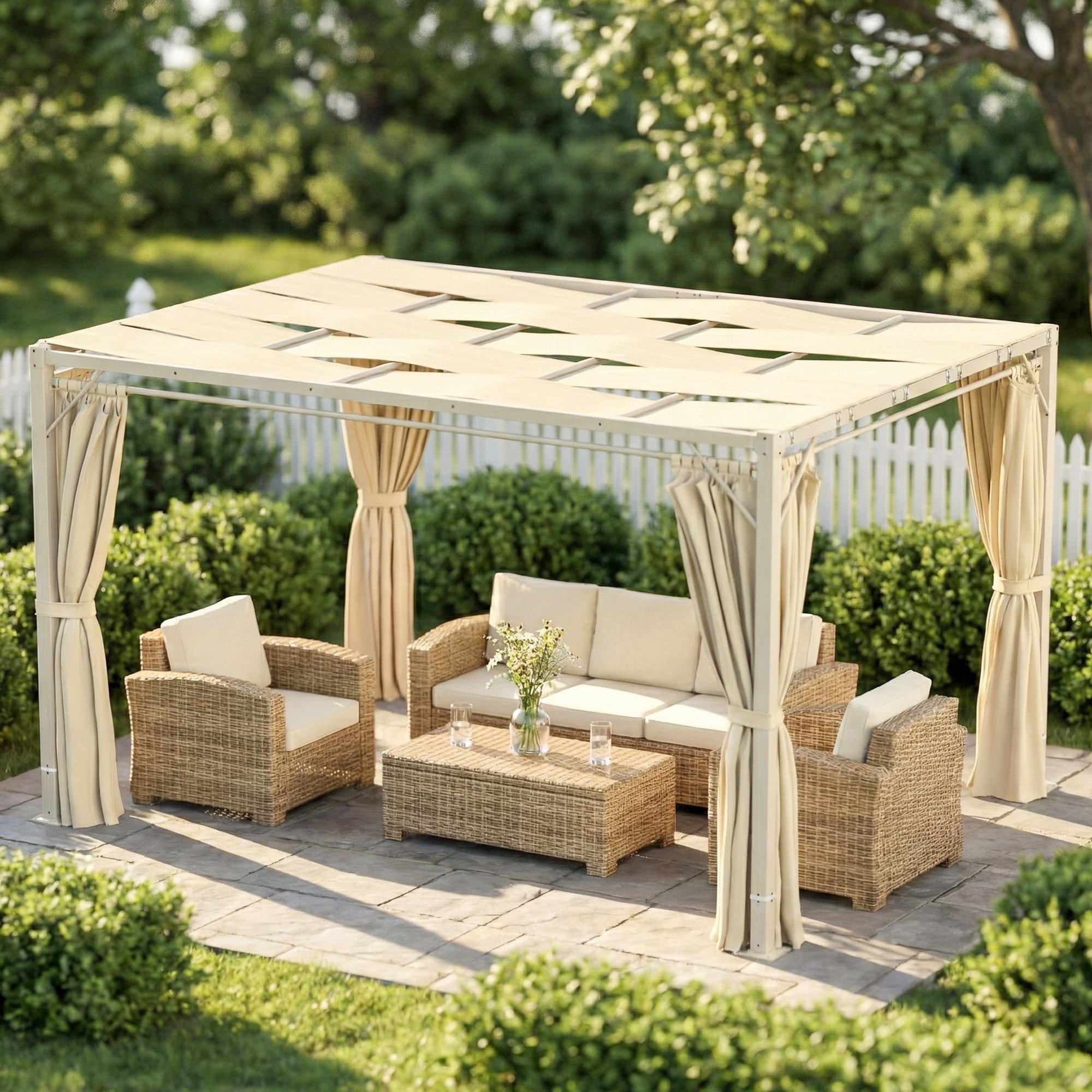 Pérgola de Jardín 3x4 m, Cenador de Jardín con Techo Ondulado, 4 Cortinas Extraíbles, Protección UPF50+ y Estructura de Acero Resistente, Pabellón para Exterior, Patio, Terraza, Beige