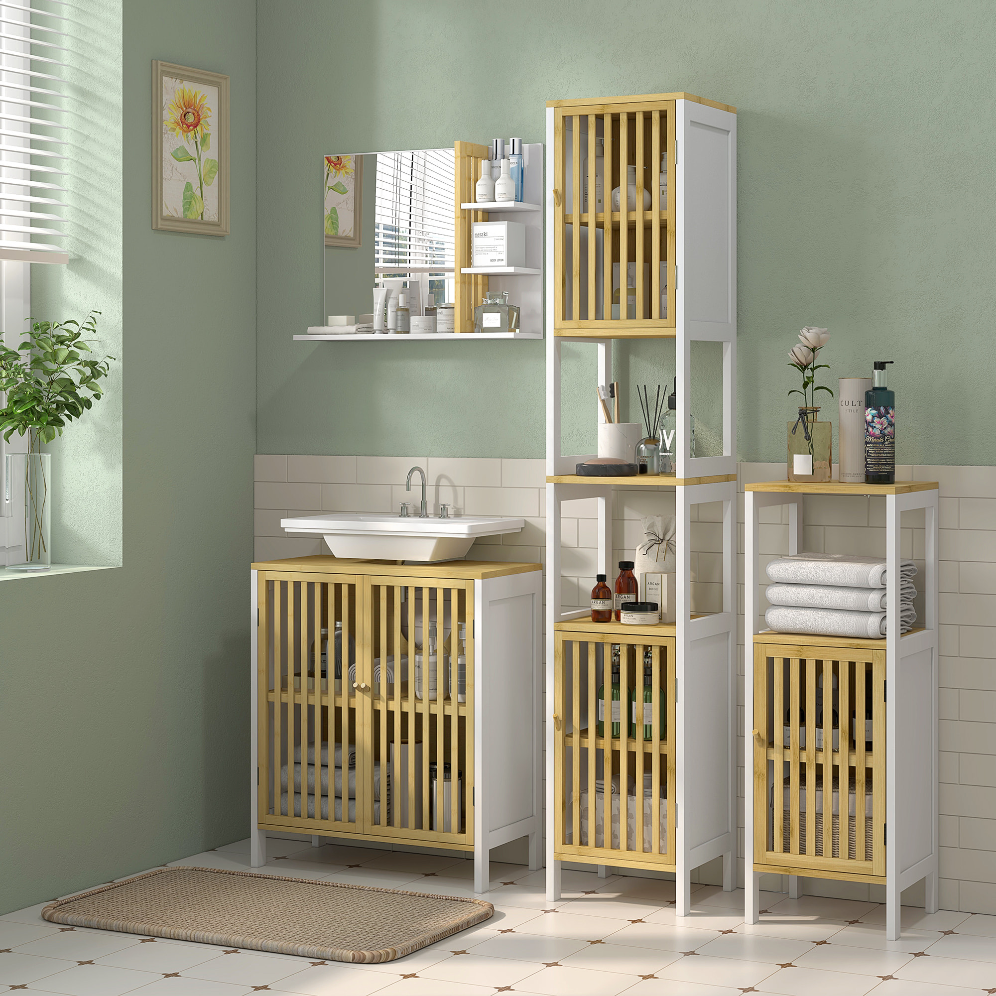 Mueble para Debajo del Lavabo Armario de Baño Bajo Lavabo de Bambú con Puerta Doble y Estante Ajustable Carga 30 kg 60x30x70 cm Natural y Blanco