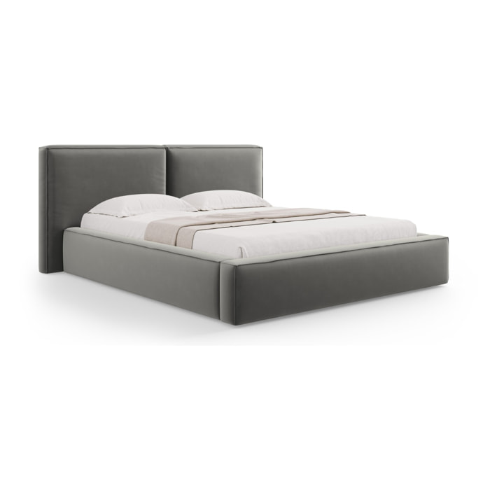 Lit coffre avec tête de lit double "Arendal" 140x200cm en velours gris clair