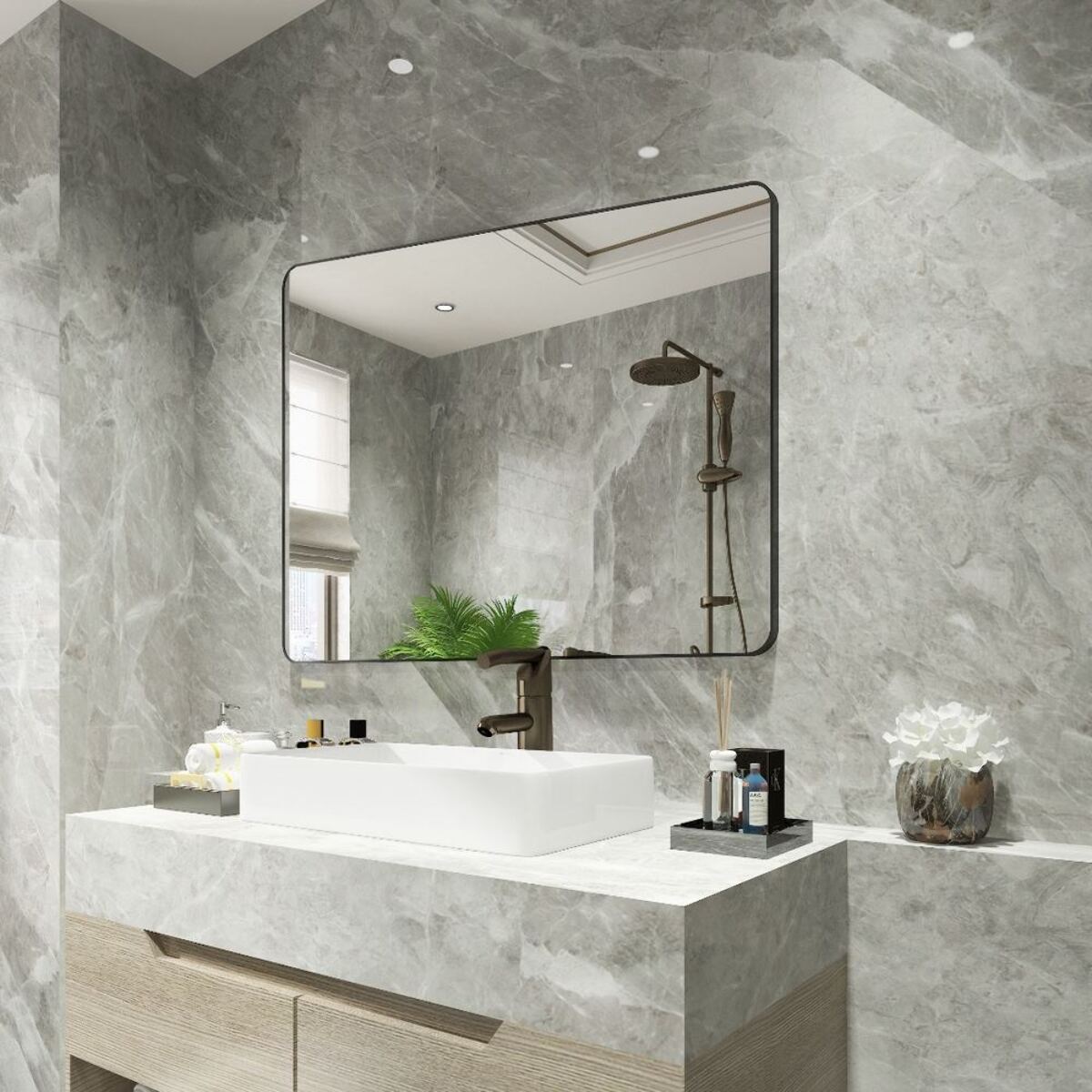 Specchio da parete 70x50 cm con telaio nero e angoli arrotondati - Lay