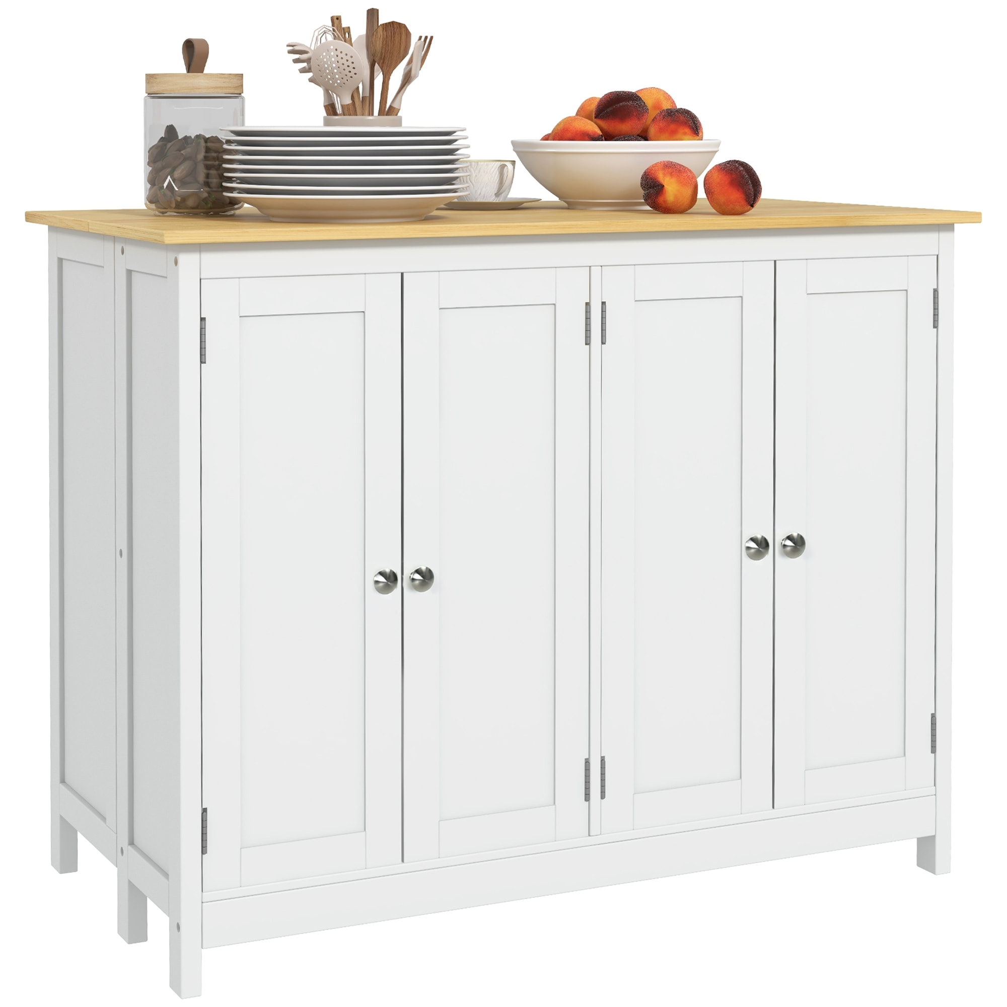 Ensemble îlot central de cuisine avec 2 tabourets de bar - 4 portes, 2 étagères - plateau, pans rabattable - MDF blanc chêne clair verni