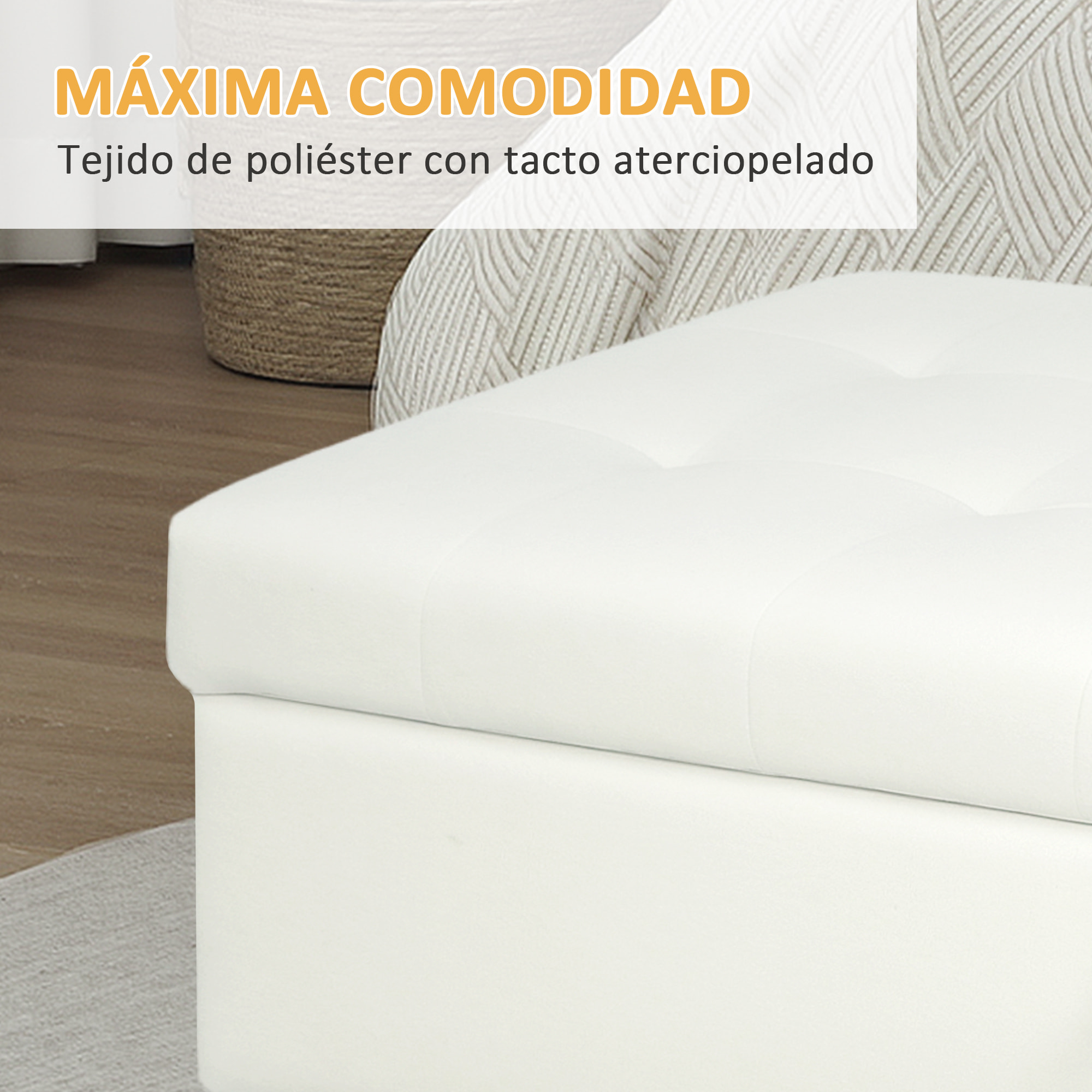 Puff Almacenaje Baúl Tapizado de Terciopelo 100x50x43 cm con Patas de Madera Capacidad 71L Soporta 240 kg Banco Almacenaje para Dormitorio Pasillo Salón Blanco Crema