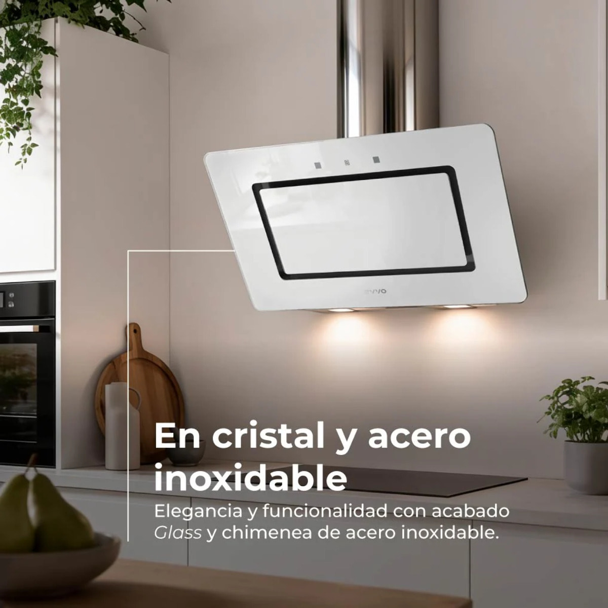EVVO Campana extractora 60 cm decorativa CE43 White, 800 m³/h, táctil y gestual, filtro aluminio y carbón, eficiencia A++