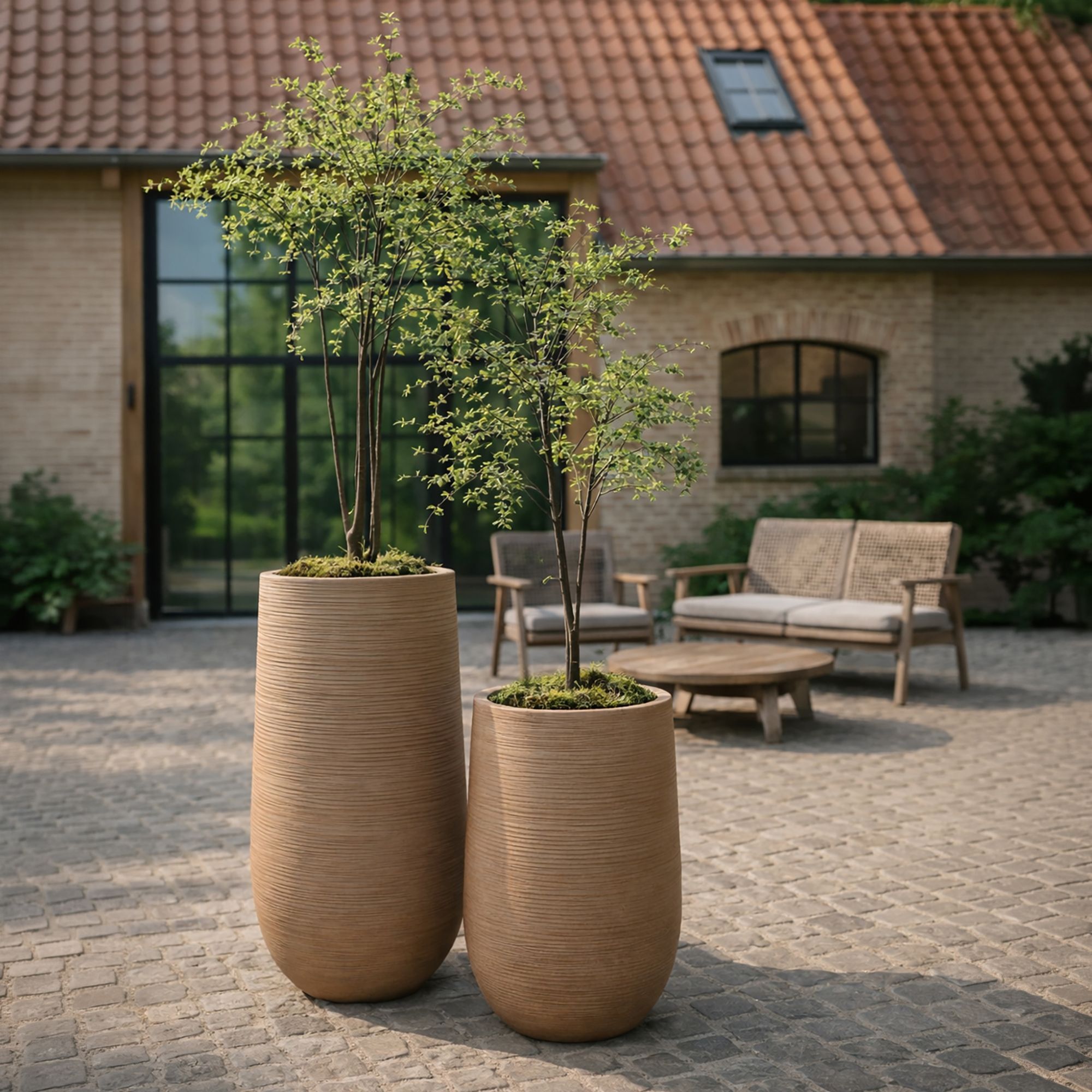 Set de 2 pots ronds hauts en fibre d'argile marron 55/75cm COMPORTA