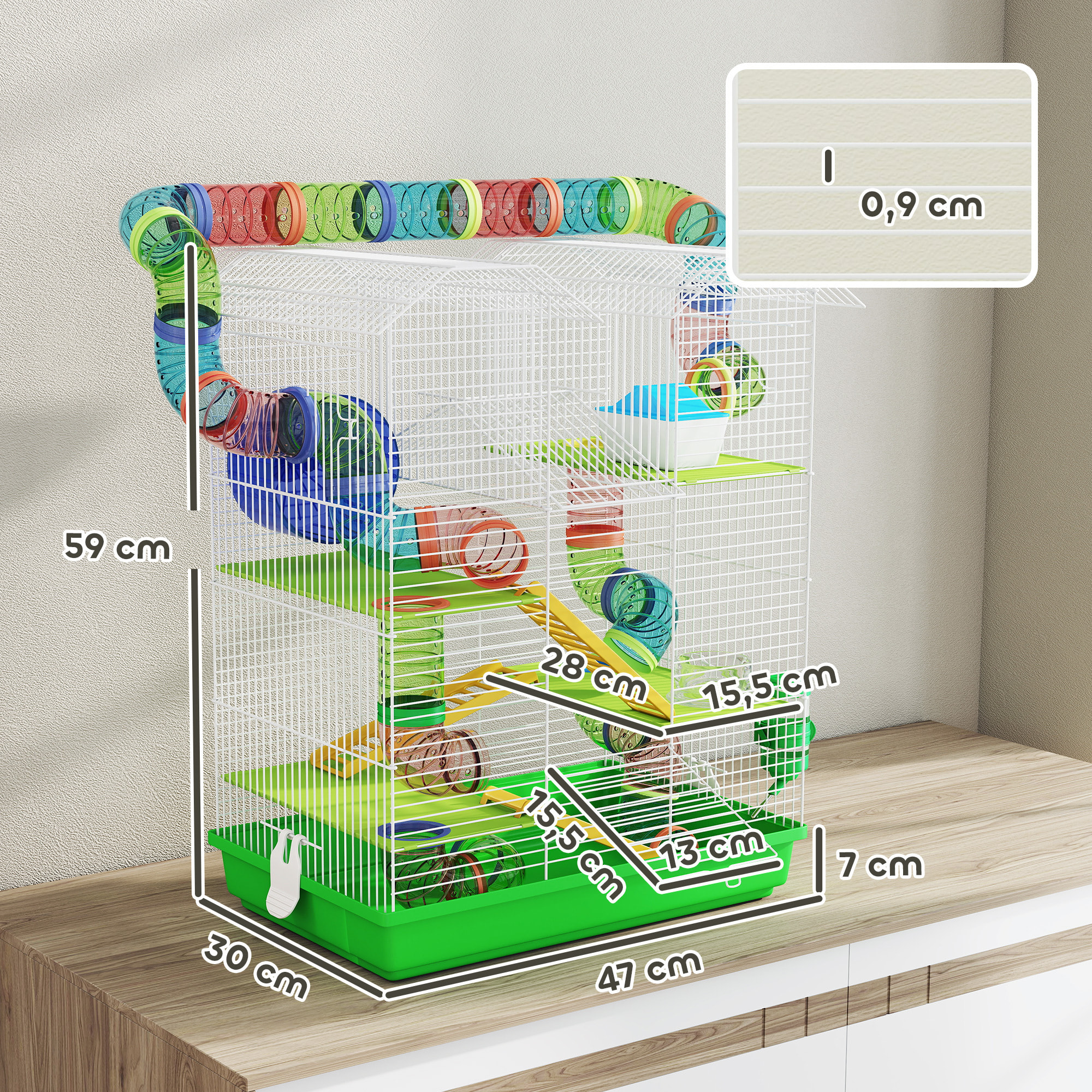 Cage pour hamster souris petits animaux rongeur avec tunnel mangeoire roue jouet 47 x 30 x 59 cm cm vert