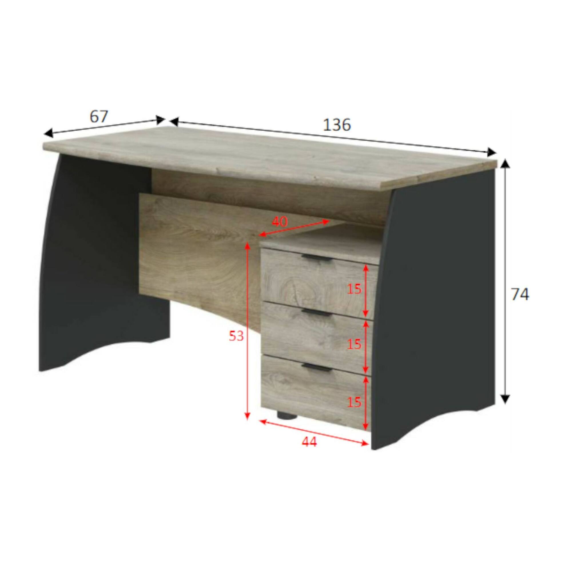 Scrivania Carrollton, Scrittoio da ufficio, Tavolo da studio porta PC con 3 cassetti, cm 136x67h74, Rovere e Antracite