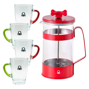 Cafetera con émbolo 600ml roja + set de 4 tazas (rojo y verde) raibow benetton.