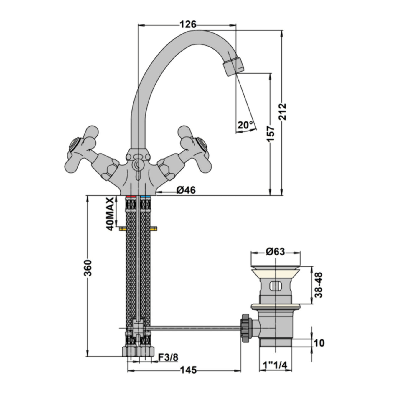 Mélangeur lavabo bec bas mobile PAINI Tiffany Vieux Bronze
