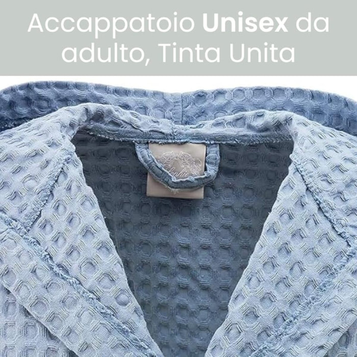 INTRECCI Accappatoio Tinta Unita Nido d’Ape 100% Cotone, Accappatoio Unisex Adulto con Cappuccio e Cinture Taglia XL, Azzurro