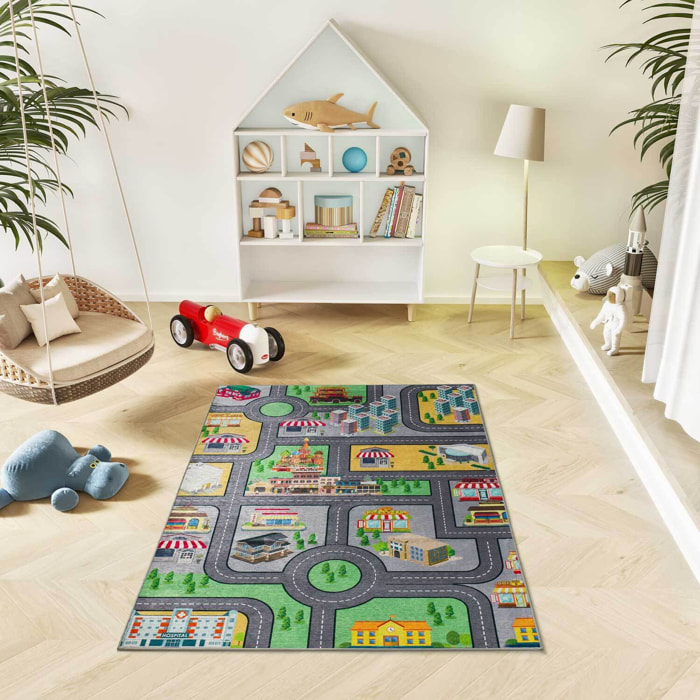 CANDY Alfombra infantil lavable con carreteras multicolor, 120x170 cm