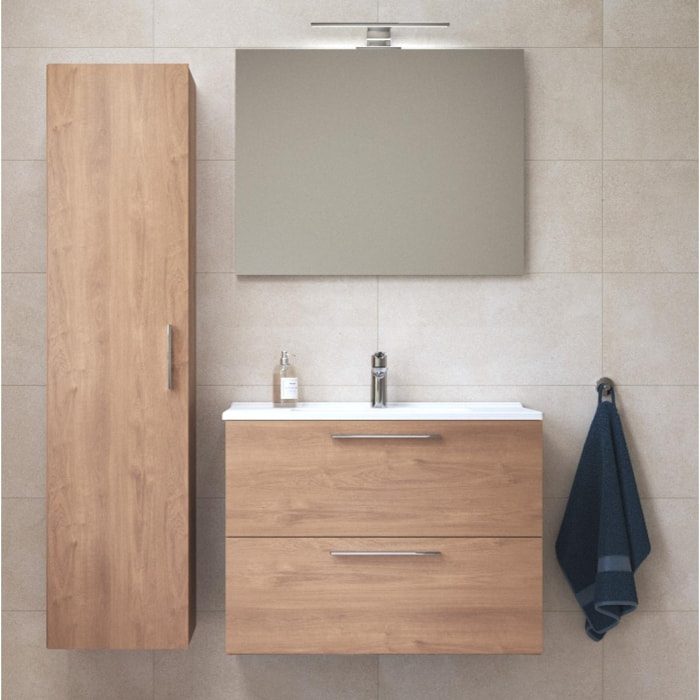 Set Mia ensemble meuble 79x61x39,5 cm avec miroir, lavabo et éclairage LED + armoire 145x35x35 cm, Chêne