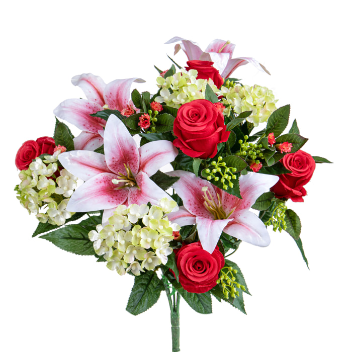 Bouquet Lilium/Achillea 50 Cm - Pezzi 1 - 18X50X18cm - Colore: Rosso - Bianchi Dino - Fiori Artificiali