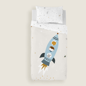 Funda Nórdica Estampada - Reversible - Infantil - Cierre Solapa - 100% Algodón - Incluye 1 Funda de Almohada - Cuna/Maxicuna - Viaje Espacial