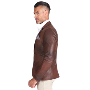 Blazer in pelle naturale marrone nuvolato con taschino e fazzoletto