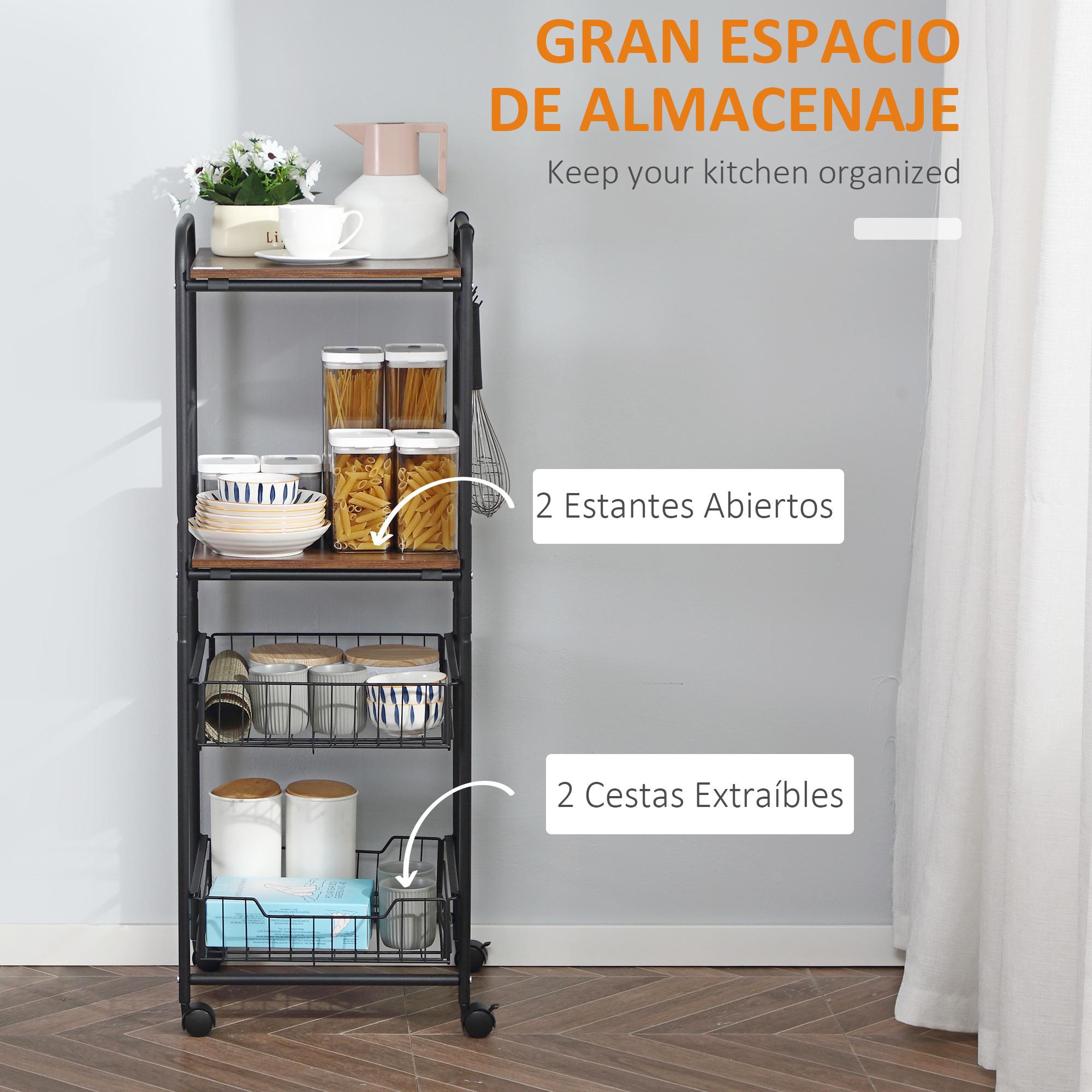 HOMCOM Carro de Cocina con Ruedas Carrito Auxiliar de Almacenaje con 2 Estantes 2 Cestas Extraíbles y 4 Ganchos para Comedor Baño 40x38x111 cm Nogal y Negro