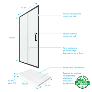 PACK PAROI PORTE DE DOUCHE + RECEVEUR A POSER - 120x90 COULISSANTE-CRUSH MOON 120x90