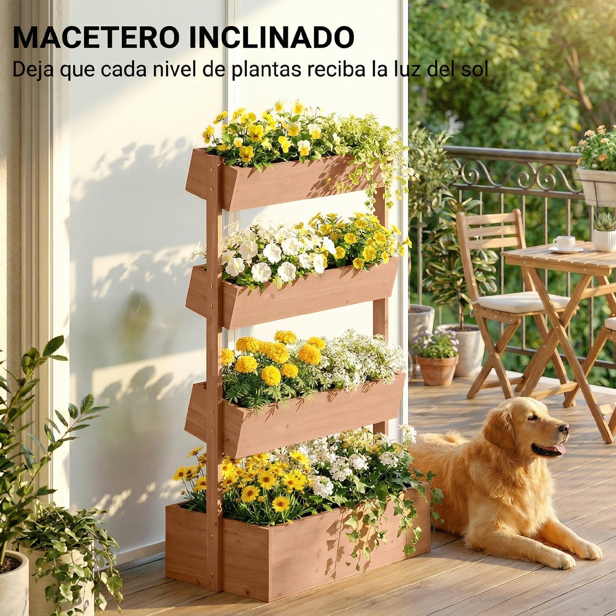 Jardinera de Madera de 4 Niveles, Jardinera Exterior Elevada con Orificios de Drenaje y Tela no Tejida, Macetero para Cultivos, Plantas, Flores, para Terraza, Jardín, 85x45x140 cm, Marrón