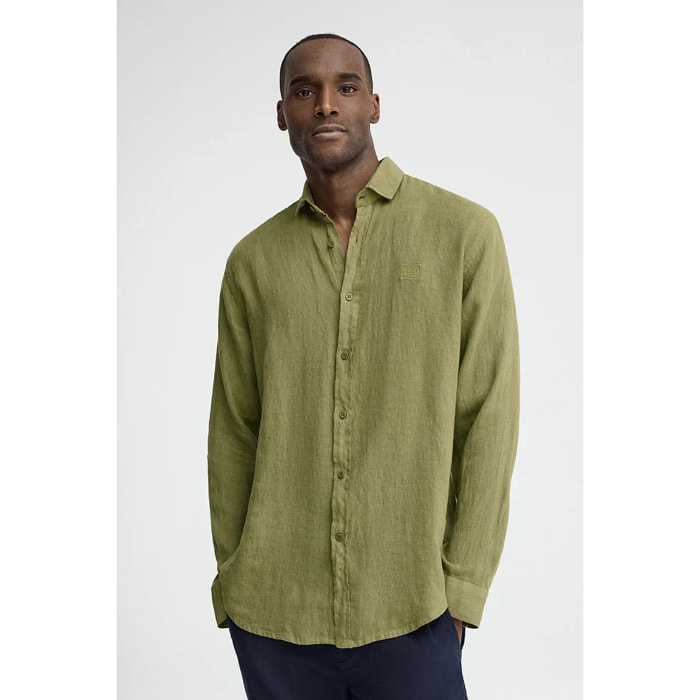 Camicia verde in lino regular fit con toppa Polo Club