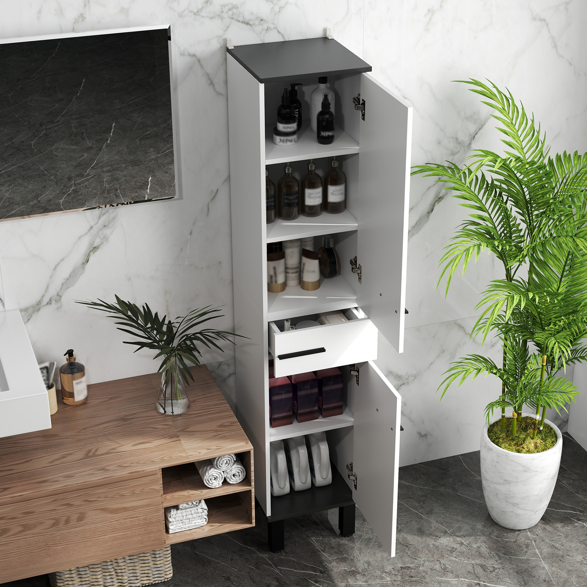 Columna de Baño Armario Alto de Baño con Cajón 2 Puertas y Estantes Ajustable Mueble Auxiliar de Baño Moderno Anti-vuelco 34x32x170 cm Blanco