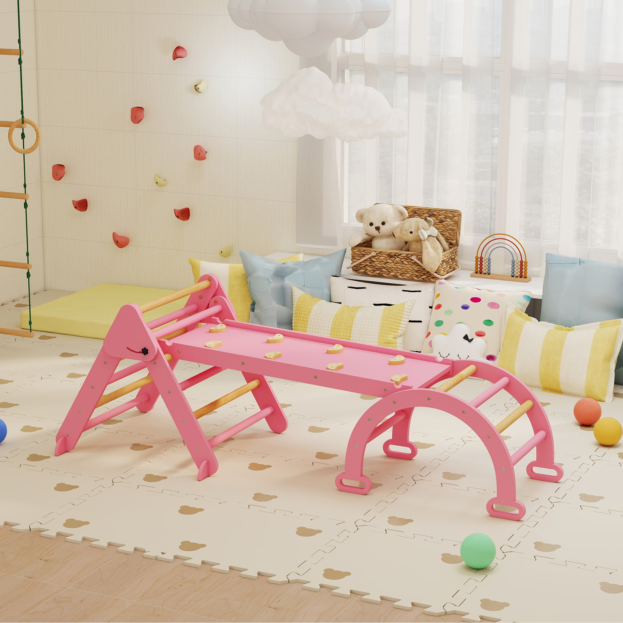 7 en 1 Triángulo de Escalada Montessori con Arco y Rampa, Escalada para Niños de Madera Plegable, para 18-48 Meses, para Deslizarse o Escalar, 188x70 cm, Rosa