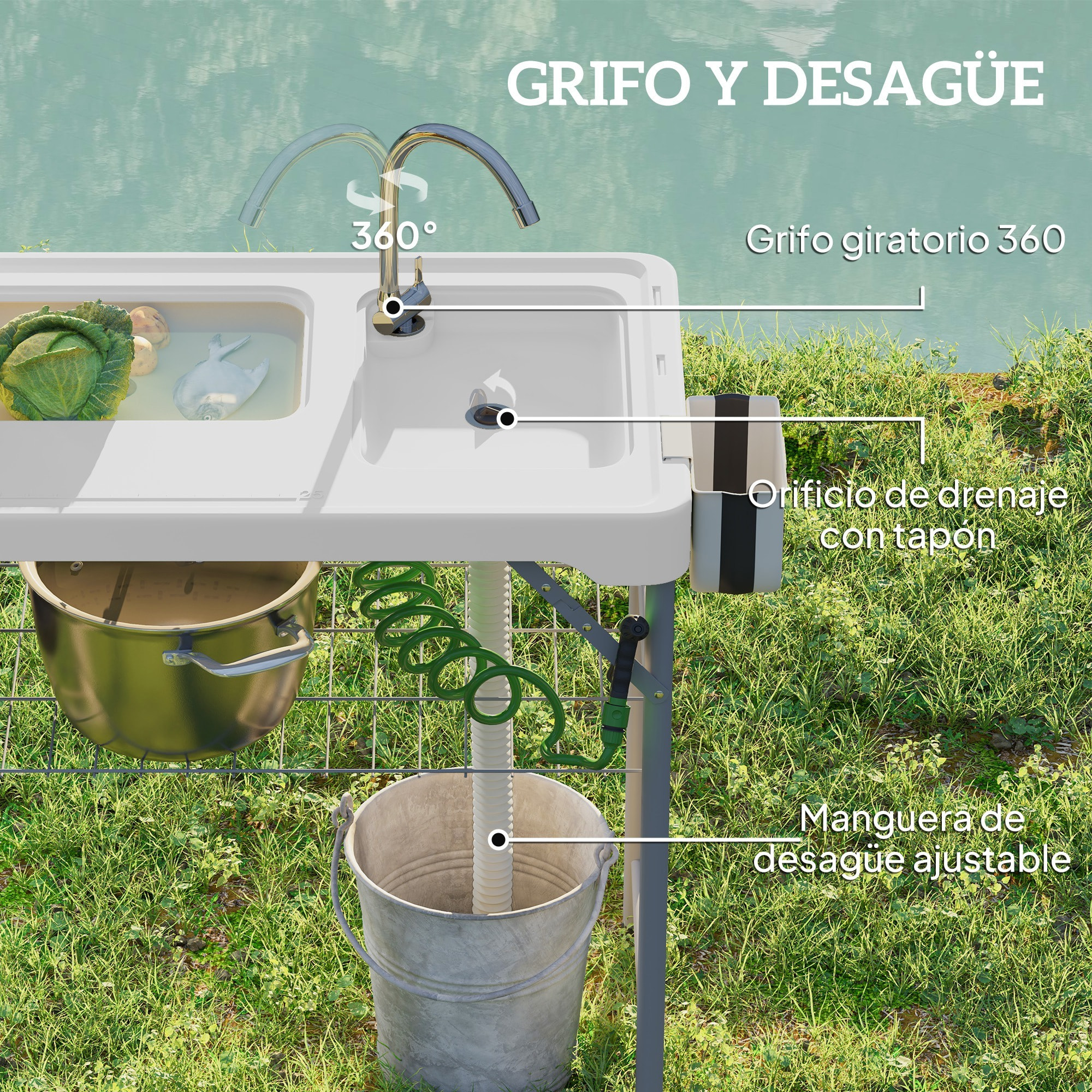Mesa para Limpiar Pescado Portátil Mesa Plegable para Camping con 2 Fregaderos Manguera de Drenaje Estación de Limpieza y Grifo para Pesca Barbacoa Blanco