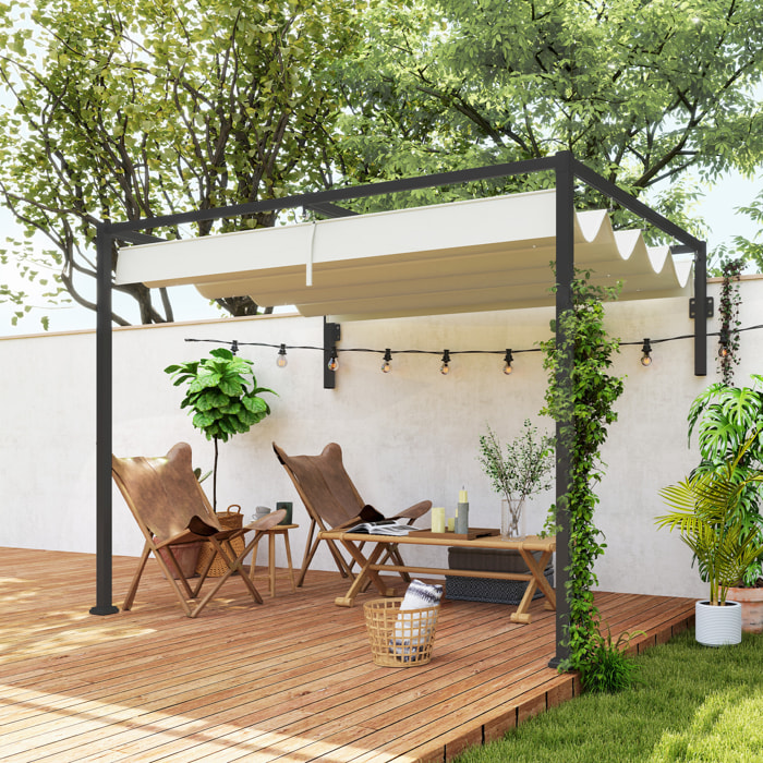 Pérgola con Techo Retráctil Pérgola de Pared 3x2 m Cenador con Tela de Poliéster Resistente al Agua Pabellón para Jardín Patio Terraza Exterior Crema