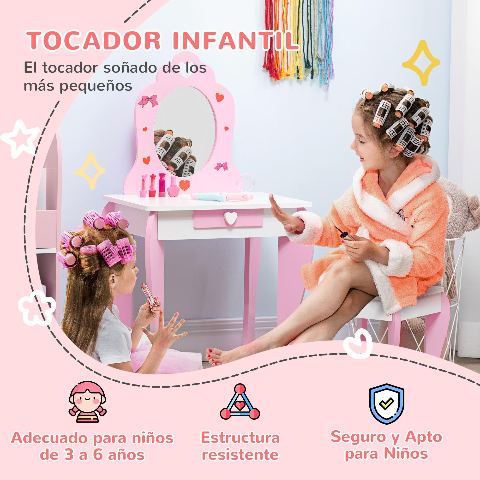 Tocador Infantil de Madera Tocador para Niñas con Taburete y Espejo Tocador de Maquillaje para Niñas de 3-6 Años con Cajón 50x36,5x89,5 cm Rosa