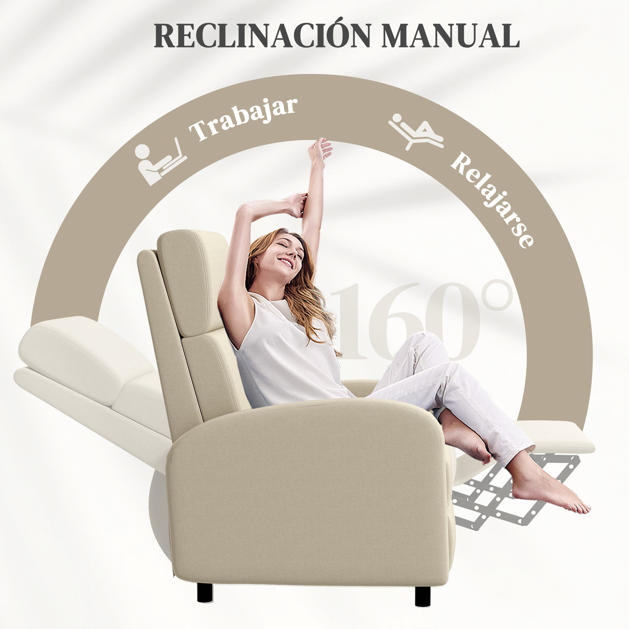 Sillón Relax Reclinable Manual Sillón Relax Tapizado en Lino Sintético con Reposapiés Respaldo Alto Carga 120 kg Butaca Reclinable para Dormitorio Oficina Crema