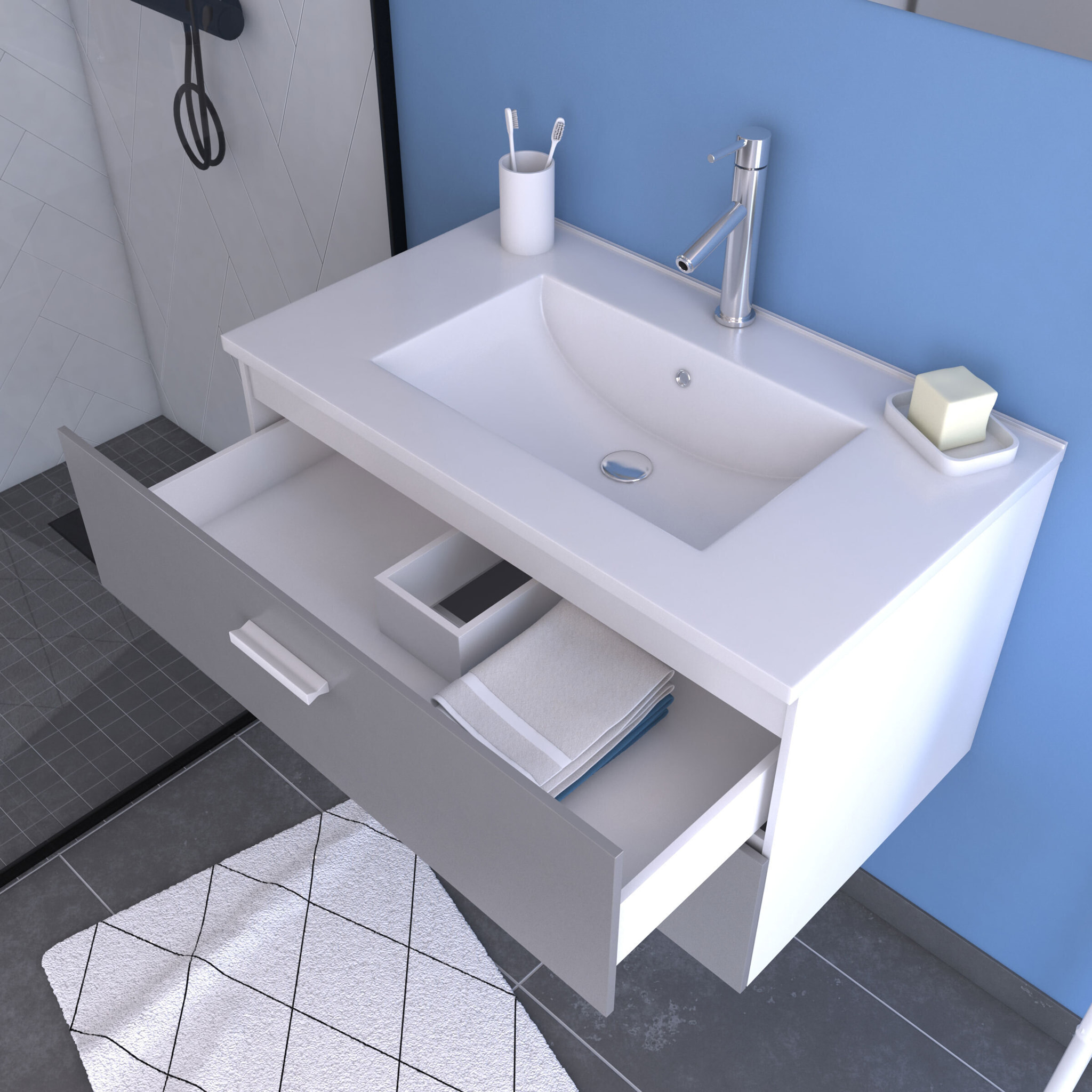 Meuble salle de bain 80 cm suspendu 2 tiroirs Gris avec vasque et miroir - BOX-IN