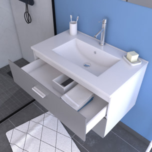 Meuble salle de bain 80 cm suspendu 2 tiroirs Gris avec vasque et miroir - BOX-IN