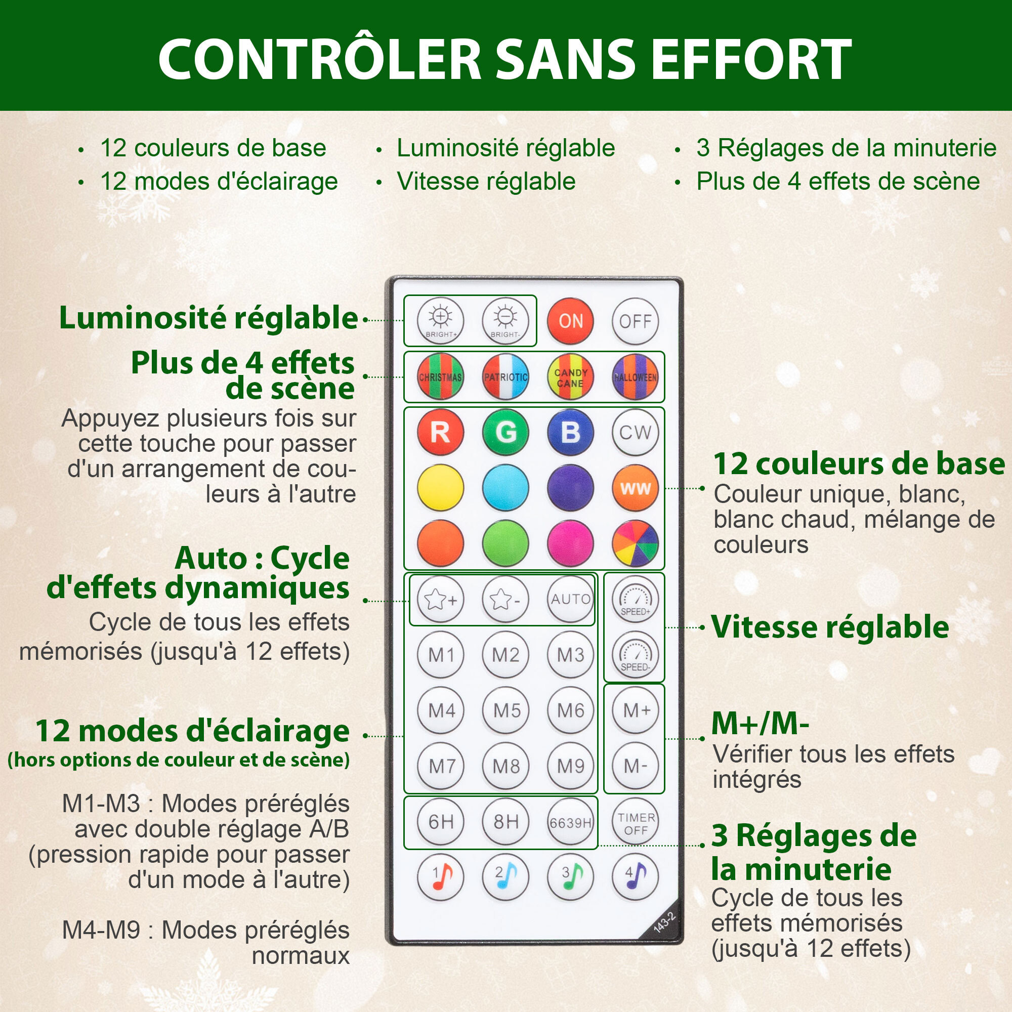 Sapin de Noël artificiel LED H.180 cm 899 branches télécommande 12 modes timer vert