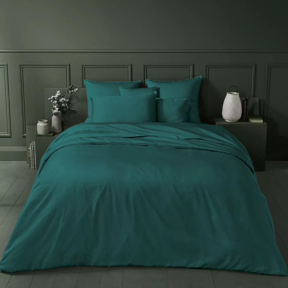 Housse de couette satin de coton uni vert Ava uni canard