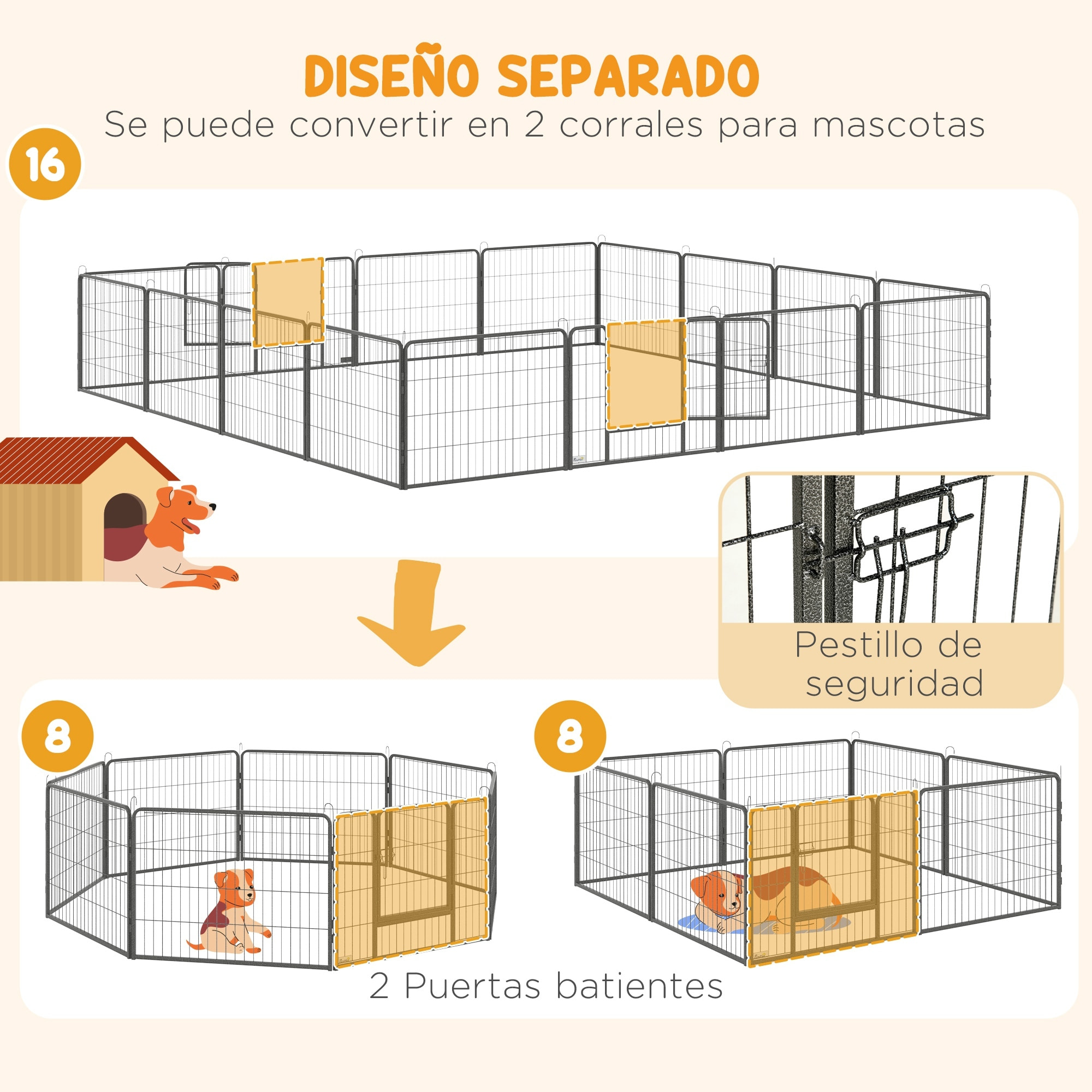 PawHut Parque para Perros Vallas para Mascotas de 16 Paneles 80x60 cm con 2 Puertas con Pestillo Corralito para Perros Pequeños de Acero para Interior y Exterior Gris