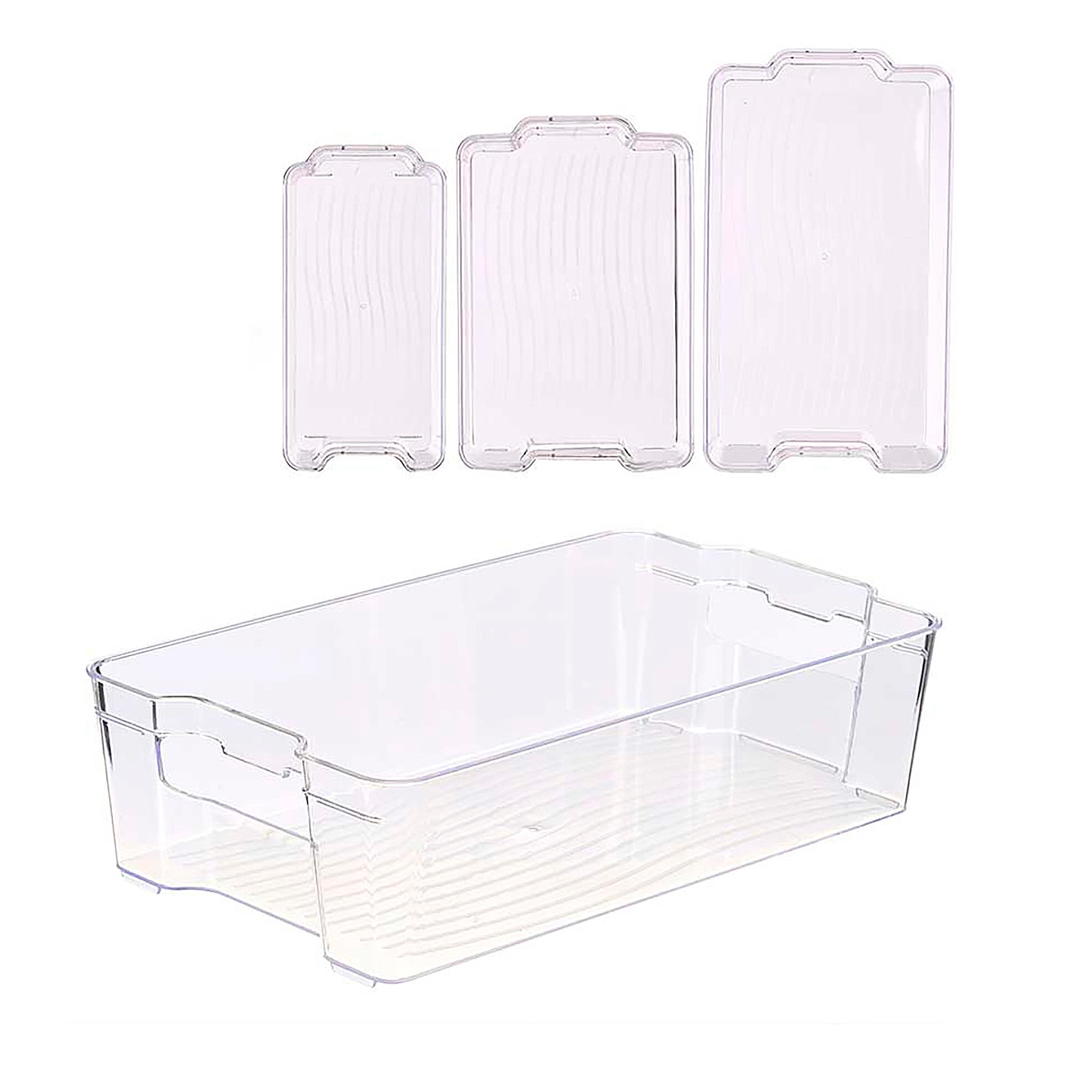 Set 3 bandejas organizadoras transparentes para nevera. 3,9L ; 5,2L ; 6,7L