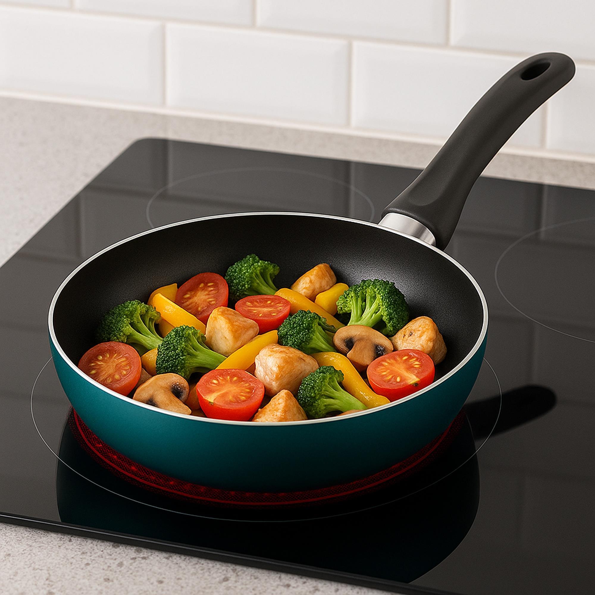 set de batería de cocina de 8pc en acero inoxidable + 3 sartenes ø16ø20ø24cm azul metalizado en aluminio prensado