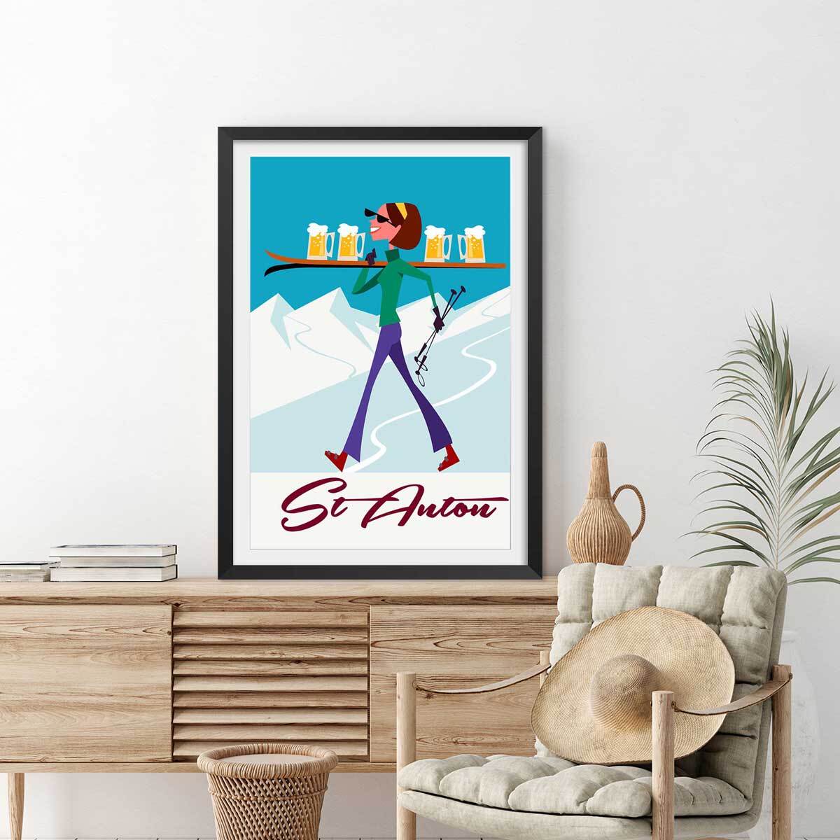 Poster retro chope à st anton Affiche sous cadre noir