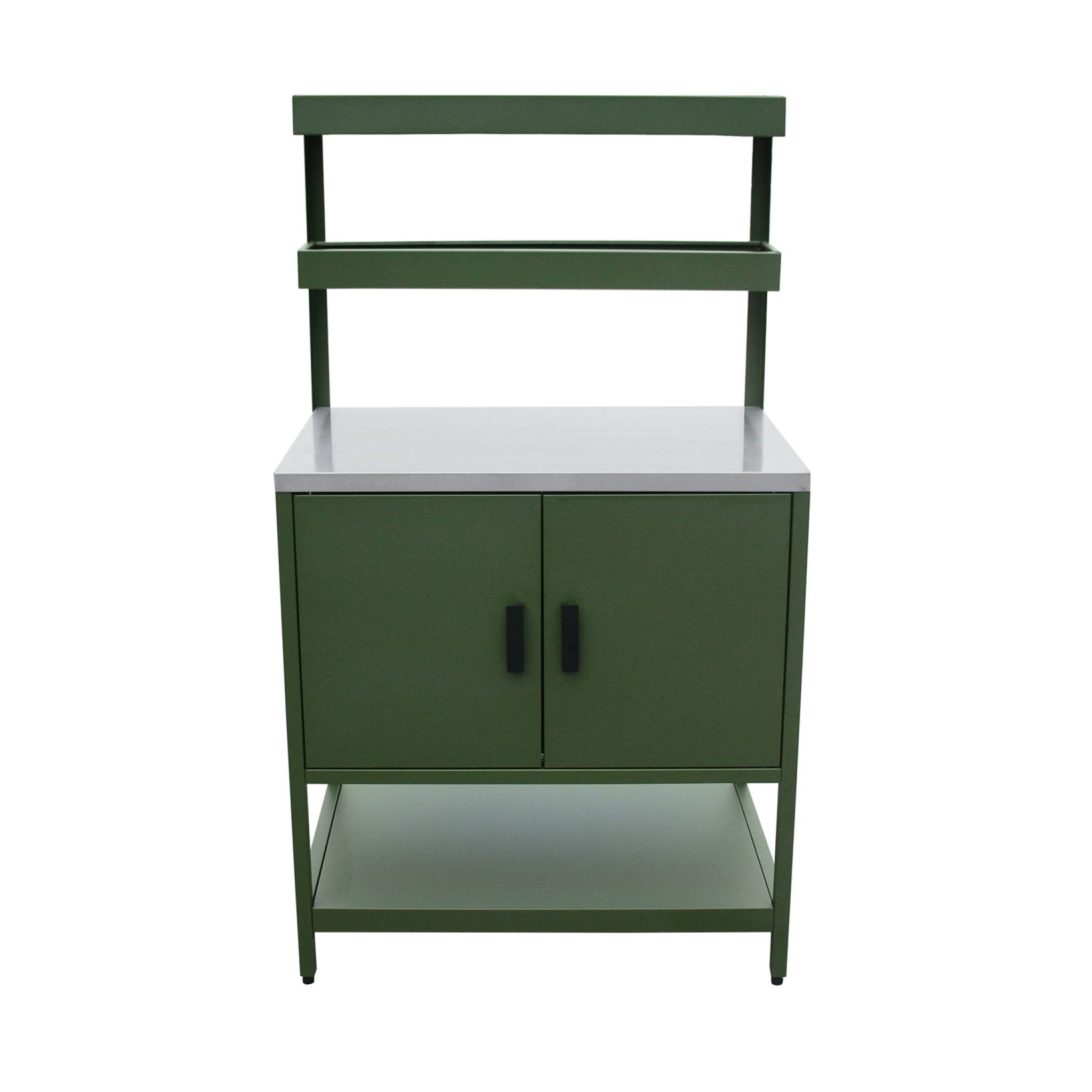 Cuisine d'extérieure en acier vert avec 2 étagères suspendues et 2 portes L80cm