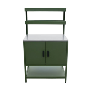 Cuisine d'extérieure en acier vert avec 2 étagères suspendues et 2 portes L80cm