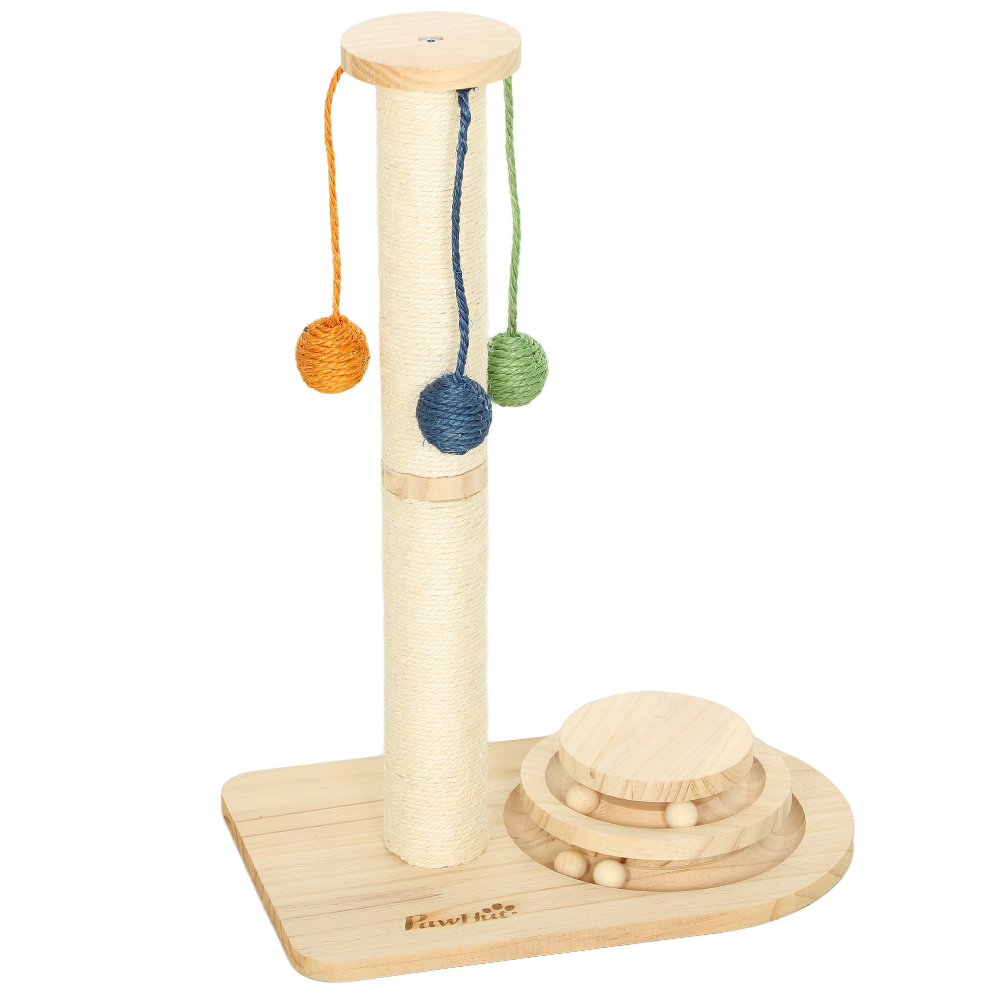 Poste Rascador para Gatos Altura 56,5 cm, Rascador para Gatos con 3 Bolas Colgantes, Juguete de Pelota de Pista y Poste de Sisal, Madera Natural