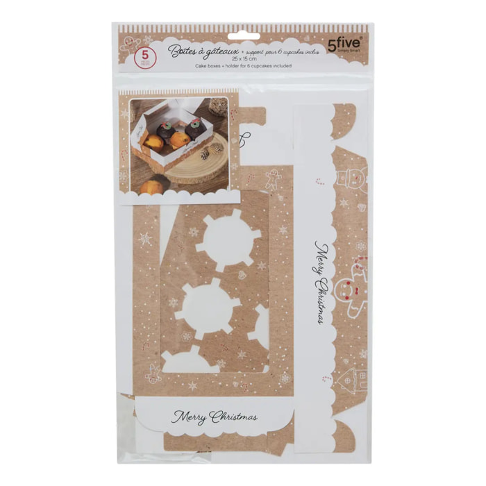 Lot de 5 boîtes à cupcakes 6 emplacements Noël beige