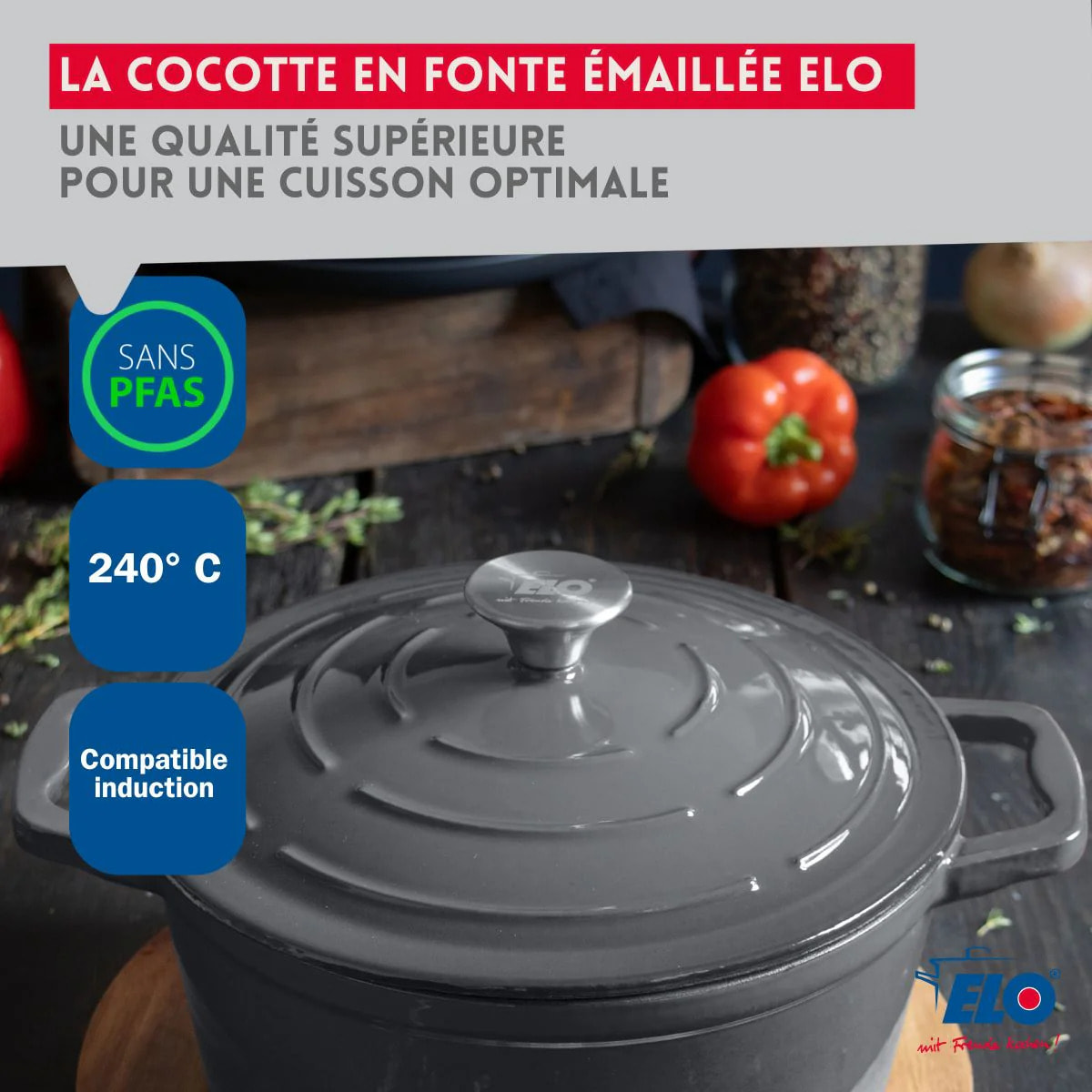 Cocotte en fonte émaillée basse gris classique 28 cm 2,8 L Elo